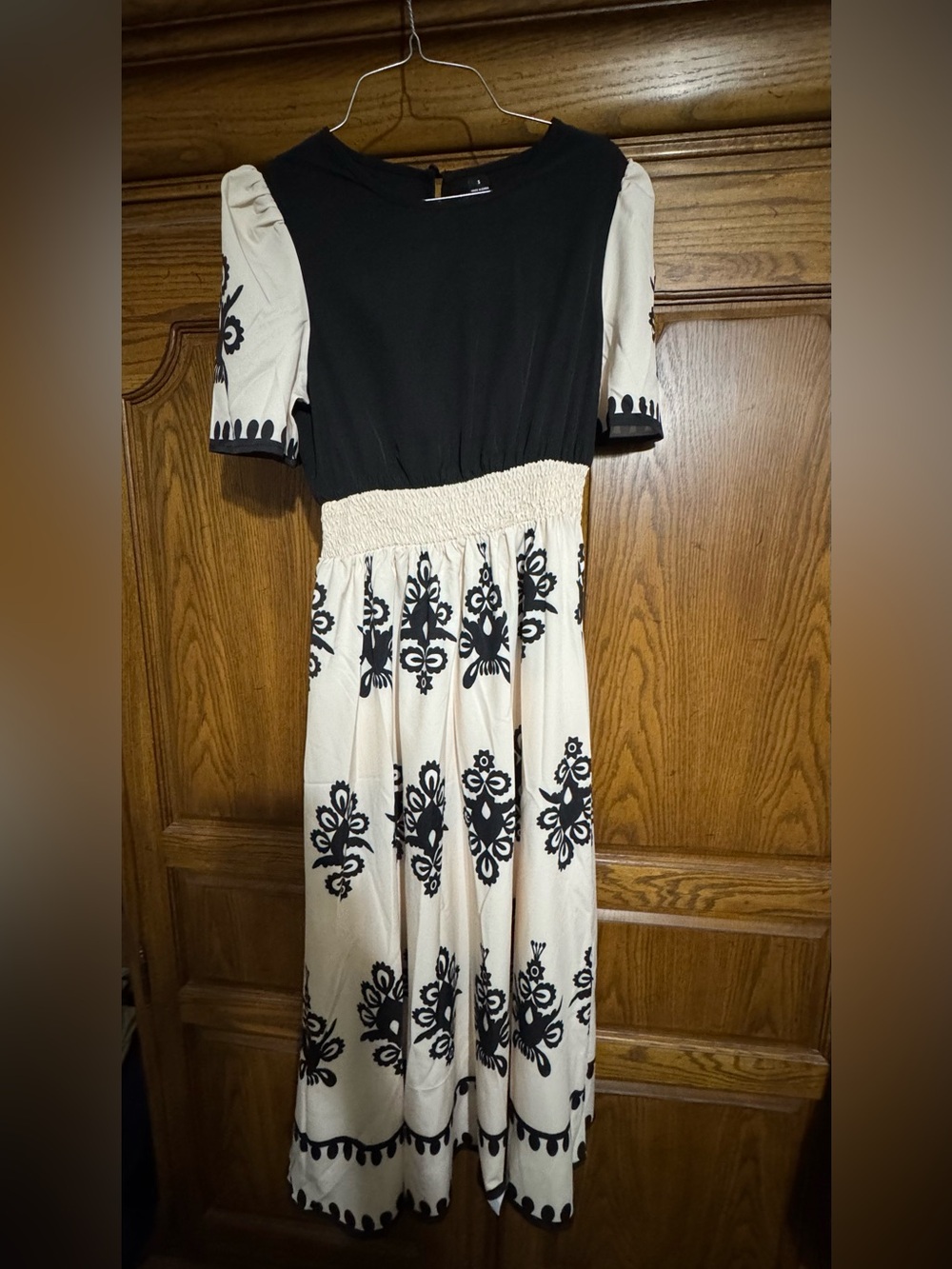 Black & Cream Embroidered Print Midi Dress